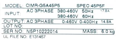 Yaskawa CIMR-G5A45P5 label image