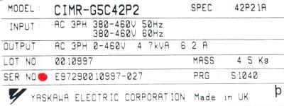 Yaskawa CIMR-G5C42P2 label image