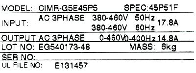 Yaskawa CIMR-G5E45P5 label image