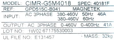 Yaskawa CIMR-G5M4018 label image