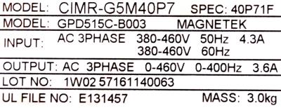 Yaskawa CIMR-G5M40P7 label image