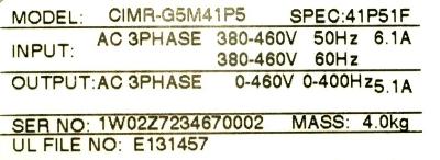 Yaskawa CIMR-G5M41P5 label image