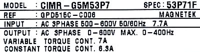 Yaskawa CIMR-G5M53P7 label image
