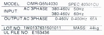 Yaskawa CIMR-G5N4030 label image