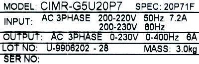 Yaskawa CIMR-G5U20P7 label image