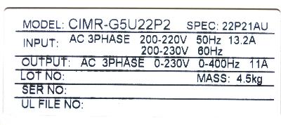 Yaskawa CIMR-G5U22P2 label image
