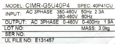 Yaskawa CIMR-G5U40P4 label image