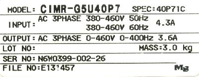 Yaskawa CIMR-G5U40P7 label image
