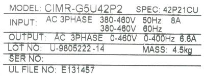 Yaskawa CIMR-G5U42P2 label image