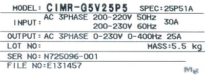 Yaskawa CIMR-G5V25P5 label image