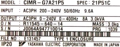 Yaskawa CIMR-G7A21P5 label image