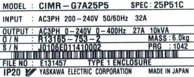 Yaskawa CIMR-G7A25P5 label image