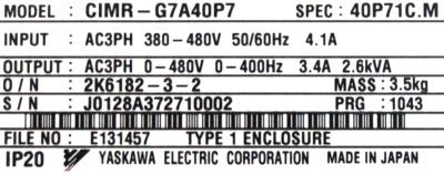 Yaskawa CIMR-G7A40P7 label image