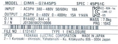 Yaskawa CIMR-G7A45P5 label image