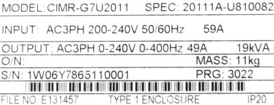 Yaskawa CIMR-G7U2011 label image