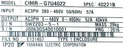 Yaskawa CIMR-G7U4022 label image