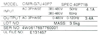 Yaskawa CIMR-G7U40P7 label image