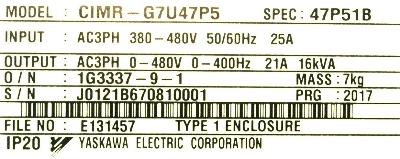 Yaskawa CIMR-G7U47P5 label image
