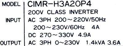 Yaskawa CIMR-H3A20P4 label image