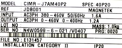 Yaskawa CIMR-J7AM40P2 label image