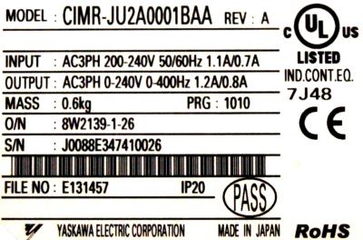 Yaskawa CIMR-JU2A0001BAA label image