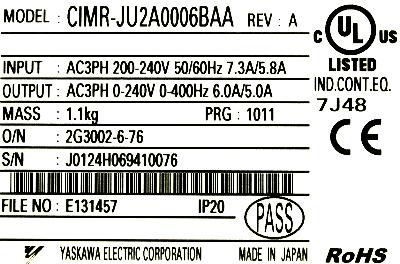 Yaskawa CIMR-JU2A0006BAA label image