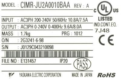 Yaskawa CIMR-JU2A0010BAA label image