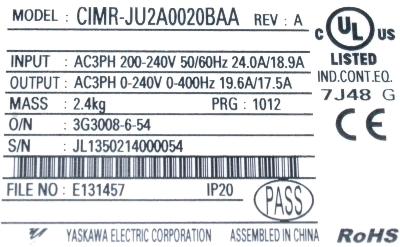 Yaskawa CIMR-JU2A0020BAA label image