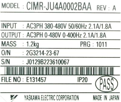 Yaskawa CIMR-JU4A0002BAA label image