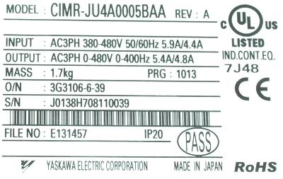 Yaskawa CIMR-JU4A0005BAA label image