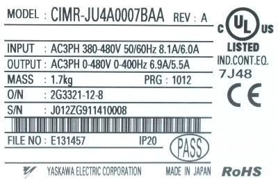 Yaskawa CIMR-JU4A0007BAA label image