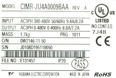 Yaskawa CIMR-JU4A0009BAA label image