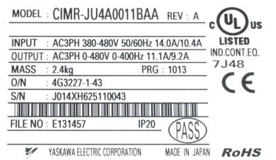 Yaskawa CIMR-JU4A0011BAA label image