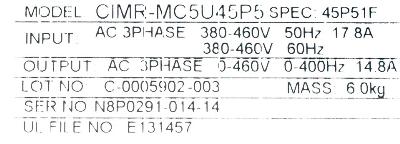 Yaskawa CIMR-MC5U45P5 label image