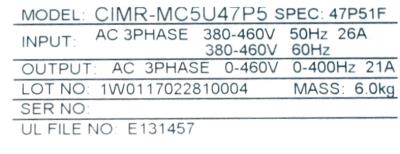 Yaskawa CIMR-MC5U47P5 label image
