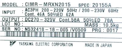 Yaskawa CIMR-MRXN20150 label image