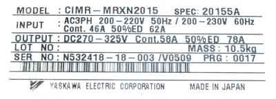 Yaskawa CIMR-MRXN20155 label image