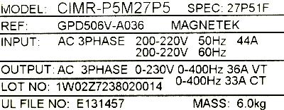 Yaskawa CIMR-P5M27P5 label image