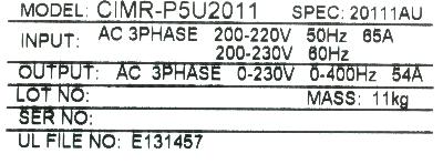 Yaskawa CIMR-P5U2011 label image