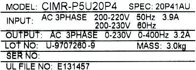 Yaskawa CIMR-P5U20P4 label image
