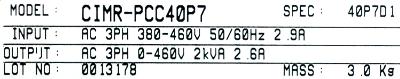 Yaskawa CIMR-PCC40P7 label image