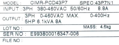 Yaskawa CIMR-PCD43P7 label image