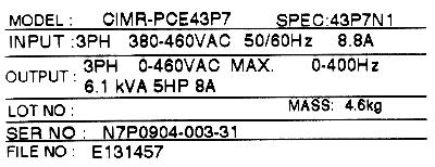 Yaskawa CIMR-PCE43P7 label image