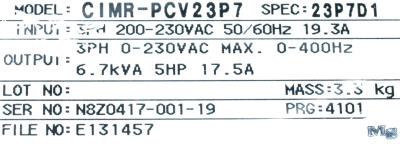 Yaskawa CIMR-PCV23P7 label image