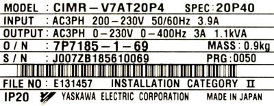 Yaskawa CIMR-V7AT20P4 label image