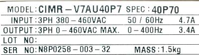 Yaskawa CIMR-V7AU40P7 label image