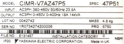Yaskawa CIMR-V7AZ47P5 label image