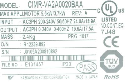 Yaskawa CIMR-VA2A0020BAA label image