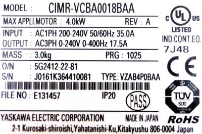 Yaskawa CIMR-VCBA0018BAA label image