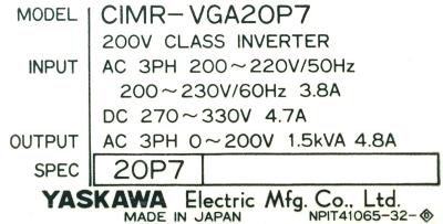 Yaskawa CIMR-VGA20P7 label image